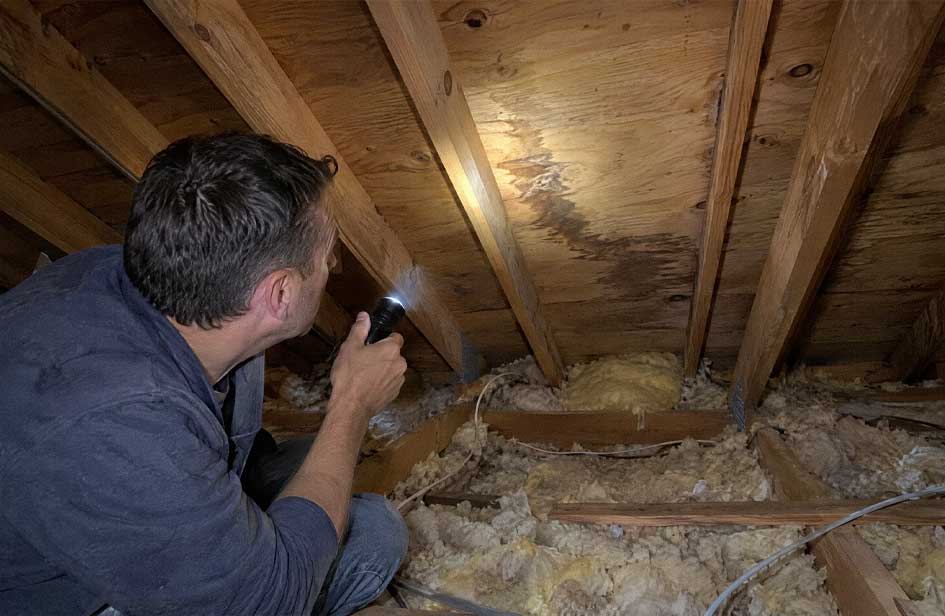 Inspection of roof decking inside an attic for signs of water intrusion