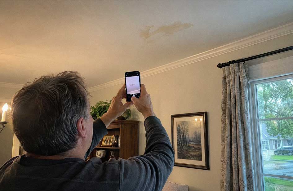 Homeowner documenting a ceiling water stain after storm-related roof damage