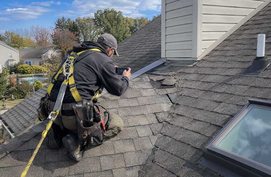 Professional roofer inspecting storm-damaged asphalt shingles while using fall protection
