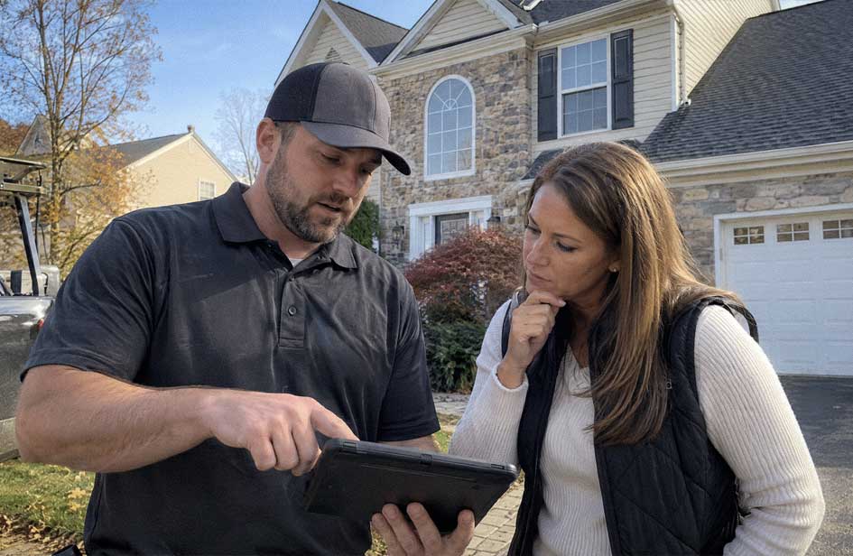 Roofing professional reviewing roof inspection findings with a homeowner